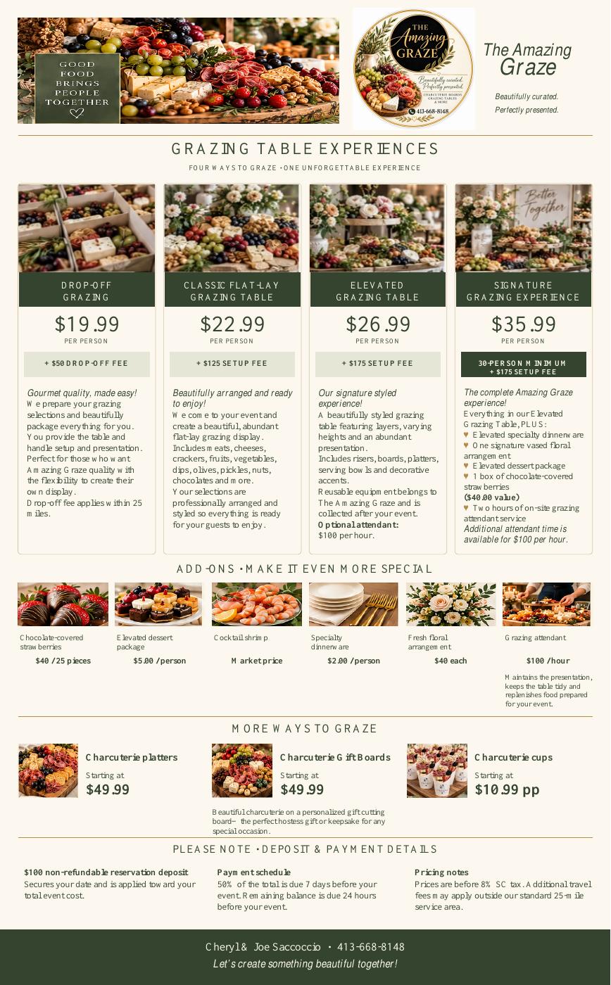 Preview of The Amazing Graze brochure showing grazing packages, pricing, and add-ons